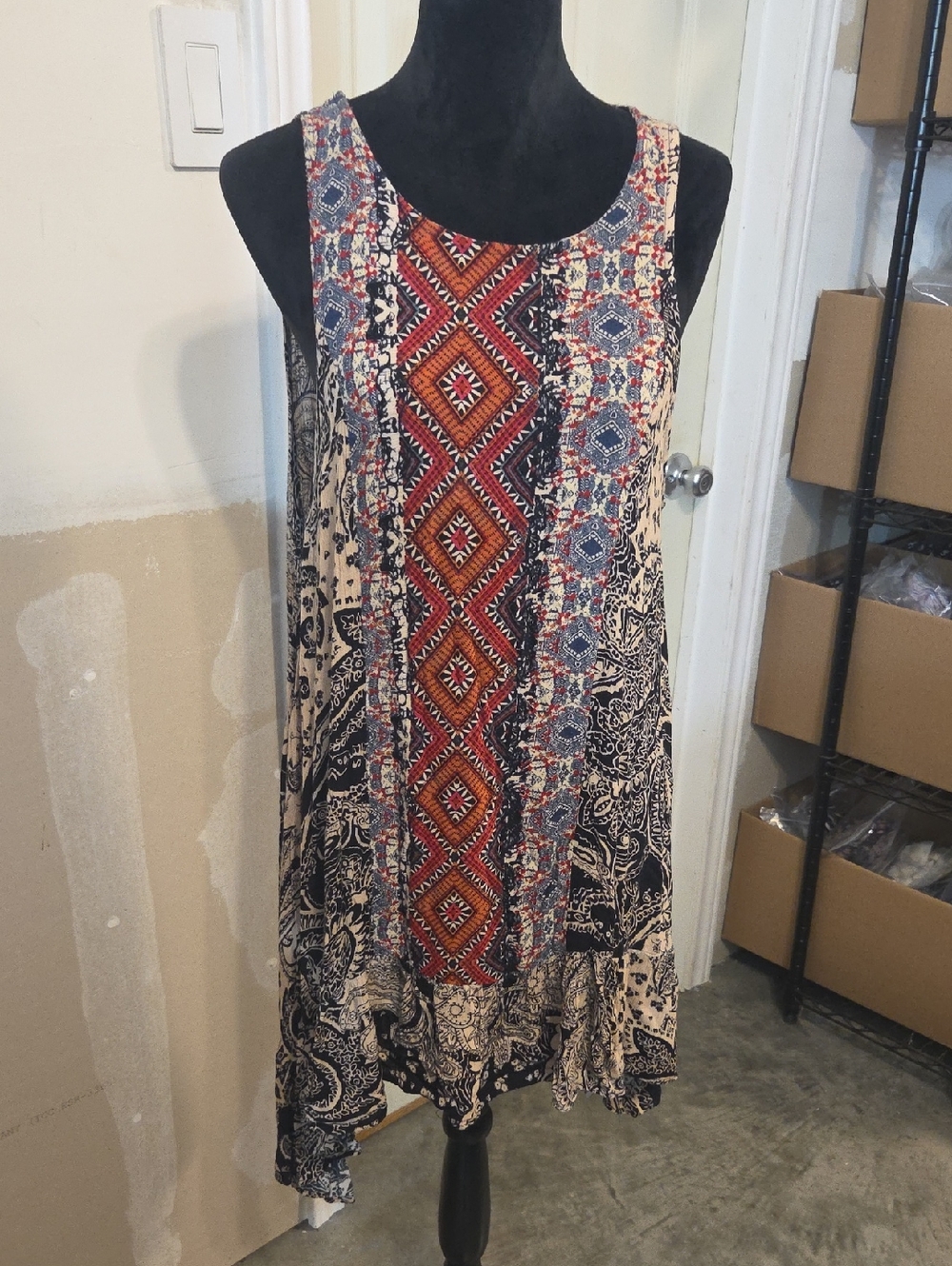 Hayden Sleeveless Mini Dress Boho Tunic Asymetrical Red Navy Cream Ruffle Ham